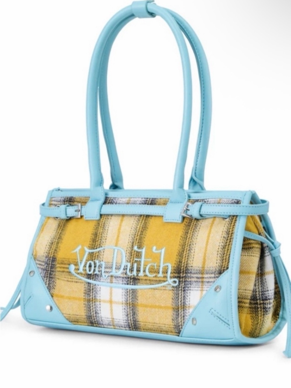 Von Dutch Yellow Plaid Shoulder Bag with Light Blue Trim